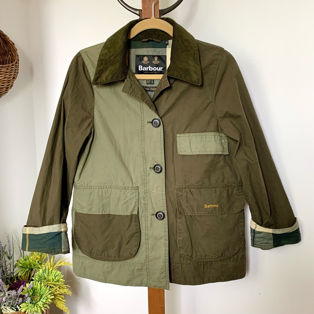 Barbour Garnock Showerproof Jacket with corduroy collar khaki green US 4 SM MED - Picture 15 of 16